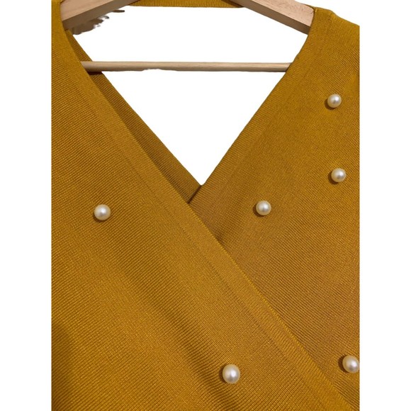 Mustard V-Neck Sweater with Pearl Accents - Picture 4 of 15